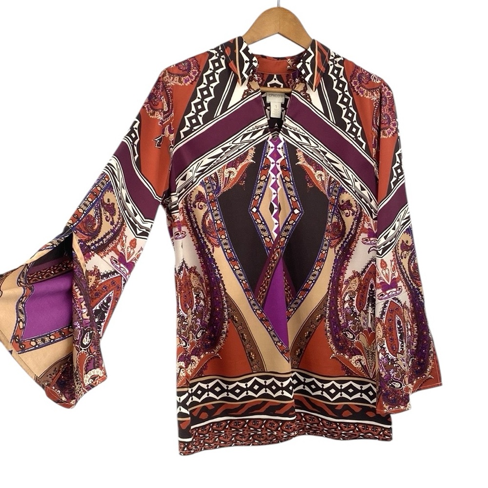 Chico’s Top Women’s 1 Medium Tunic Abstract Geometric‎ Flared Sleeve Boho Ethnic